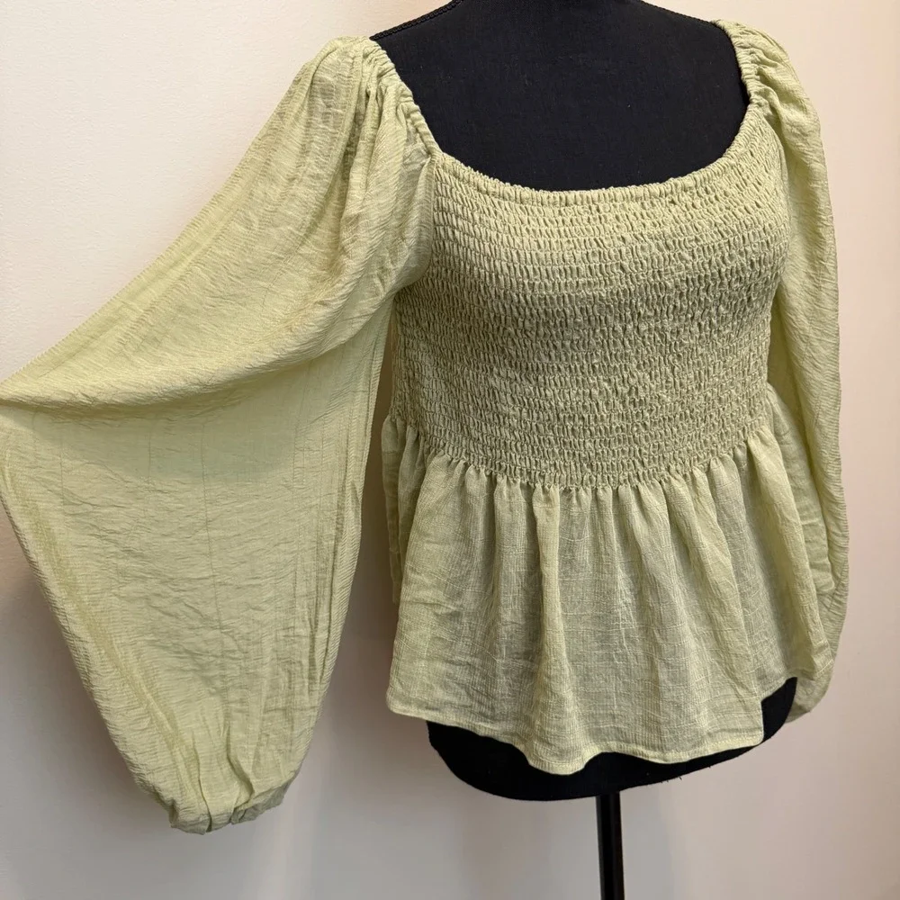 Newbury Kustom Green Smocked Peplum Top Lantern Sleeve‎ Boho Babydoll Womens Lg